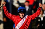 18 March 2022; Rachael Blackmore celebrates aboard A Plus Tard after winning the Boodles Cheltenham Gold Cup Chase during day four of the Cheltenham Racing Festival at Prestbury Park in Cheltenham, England. Photo by Seb Daly/Sportsfile