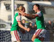 18 March 2022; Jonas Häkkinen of Cork City , left, celebrates after scoring his side's fourth goal with team-mate Ally Gilchrist during the SSE Airtricity League First Division match between Treaty United and Cork City at Markets Field in Limerick. Photo by Michael P Ryan/Sportsfile