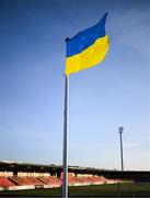 18 March 2022; The flag of Ukraine flies at The Ryan McBride Brandywell Stadium before the SSE Airtricity League Premier Division match between Derry City and St Patrick's Athletic at The Ryan McBride Brandywell Stadium in Derry. Photo by Stephen McCarthy/Sportsfile