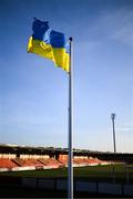 18 March 2022; The flag of Ukraine flies at The Ryan McBride Brandywell Stadium before the SSE Airtricity League Premier Division match between Derry City and St Patrick's Athletic at The Ryan McBride Brandywell Stadium in Derry. Photo by Stephen McCarthy/Sportsfile