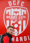 18 March 2022; Derry City goalkeeper Nathan Gartside arrives for the SSE Airtricity League Premier Division match between Derry City and St Patrick's Athletic at The Ryan McBride Brandywell Stadium in Derry. Photo by Stephen McCarthy/Sportsfile
