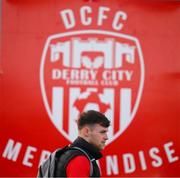 18 March 2022; Cameron McJannet of Derry City arrives for the SSE Airtricity League Premier Division match between Derry City and St Patrick's Athletic at The Ryan McBride Brandywell Stadium in Derry. Photo by Stephen McCarthy/Sportsfile