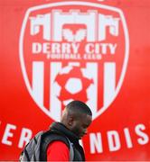 18 March 2022; James Akintunde of Derry City arrives for the SSE Airtricity League Premier Division match between Derry City and St Patrick's Athletic at The Ryan McBride Brandywell Stadium in Derry. Photo by Stephen McCarthy/Sportsfile