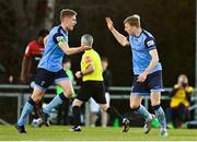 18 March 2022; Sam Moore of UCD, right, celebrates with teammate Jack Keaney after scoring their side's first goal during the SSE Airtricity League Premier Division match between UCD and Bohemians at UCD Bowl in Belfield, Dublin. Photo by Brendan Moran/Sportsfile