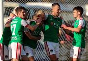 18 March 2022; Jonas Häkkinen of Cork City, centre, celebrates after scoring his side's fourth goal with team-mate during the SSE Airtricity League First Division match between Treaty United and Cork City at Markets Field in Limerick. Photo by Michael P Ryan/Sportsfile