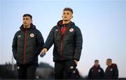 18 March 2022; Sam Curtis and Darragh Burns, left, of St Patrick's Athletic before the SSE Airtricity League Premier Division match between Derry City and St Patrick's Athletic at The Ryan McBride Brandywell Stadium in Derry. Photo by Stephen McCarthy/Sportsfile