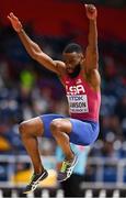 18 March 2022; Jarrion Lawson of USA competing in the men's long jump during day one of the World Indoor Athletics Championships at the Štark Arena in Belgrade, Serbia. Photo by Sam Barnes/Sportsfile