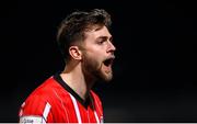 18 March 2022; Will Patching of Derry City celebrates after scoring his side's first goal during the SSE Airtricity League Premier Division match between Derry City and St Patrick's Athletic at The Ryan McBride Brandywell Stadium in Derry. Photo by Stephen McCarthy/Sportsfile