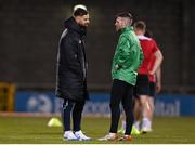 18 March 2022; Greg Bolger of Sligo Rovers speaks with Jack Byrne of Shamrock Rovers before the SSE Airtricity League Premier Division match between Shamrock Rovers and Sligo Rovers at Tallaght Stadium in Dublin. Photo by Harry Murphy/Sportsfile