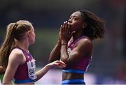 18 March 2022; Mikiah Brisco of USA, right, reacts after finishing second in the women's 60m final during day one of the World Indoor Athletics Championships at the Štark Arena in Belgrade, Serbia. Photo by Sam Barnes/Sportsfile