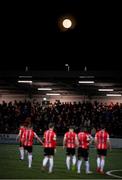 18 March 2022; A full moon over The Ryan McBride Brandywell Stadium as Derry City players runs out for the SSE Airtricity League Premier Division match between Derry City and St Patrick's Athletic at The Ryan McBride Brandywell Stadium in Derry. Photo by Stephen McCarthy/Sportsfile