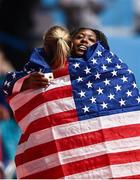 18 March 2022;  Mikiah Brisco of USA, right and team-mate Marybeth Sant-Price celebrate after finishing second and third respectively in the women's 60m final during day one of the World Indoor Athletics Championships at the Štark Arena in Belgrade, Serbia. Photo by Sam Barnes/Sportsfile