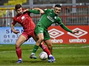 18 March 2022; Yoyo Mahdy of Finn Harps in action against Luke Byrne of Shelbourne during the SSE Airtricity League Premier Division match between Shelbourne and Finn Harps at Tolka Park in Dublin. Photo by Piaras Ó Mídheach/Sportsfile