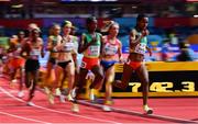18 March 2022; Lemlem Hailu of Ethiopia, right, on her way to winning the women's 3000m final during day one of the World Indoor Athletics Championships at the Štark Arena in Belgrade, Serbia. Photo by Sam Barnes/Sportsfile
