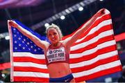 18 March 2022; Elinor Purrier St Pierre of USA celebrates winning silver in the wome's 3000m final during day one of the World Indoor Athletics Championships at the Štark Arena in Belgrade, Serbia. Photo by Sam Barnes/Sportsfile