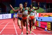 18 March 2022; Lemlem Hailu of Ethiopia, centre, crosses the line to win the women's 3000m final during day one of the World Indoor Athletics Championships at the Štark Arena in Belgrade, Serbia. Photo by Sam Barnes/Sportsfile