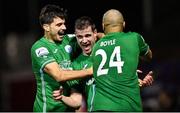 18 March 2022; Conor Tourish of Finn Harps, centre, celebrates with teammates Filip Mihaljevic of Finn Harps, left, and Ethan Boyle after scoring his side's second goal during the SSE Airtricity League Premier Division match between Shelbourne and Finn Harps at Tolka Park in Dublin. Photo by Piaras Ó Mídheach/Sportsfile