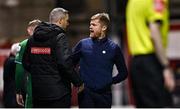 18 March 2022; Shelbourne manager Damien Duff in conversation with fourth official Ben Connolly during the SSE Airtricity League Premier Division match between Shelbourne and Finn Harps at Tolka Park in Dublin. Photo by Piaras Ó Mídheach/Sportsfile