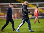 18 March 2022; Finn Harps manager Ollie Horgan, right, and Shelbourne manager Damien Duff leave the pitch after the SSE Airtricity League Premier Division match between Shelbourne and Finn Harps at Tolka Park in Dublin. Photo by Piaras Ó Mídheach/Sportsfile