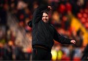 18 March 2022; Derry City manager Ruaidhrí Higgins celebrates after the SSE Airtricity League Premier Division match between Derry City and St Patrick's Athletic at The Ryan McBride Brandywell Stadium in Derry. Photo by Stephen McCarthy/Sportsfile