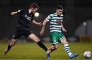 18 March 2022; Aaron Greene of Shamrock Rovers in action against Lewis Banks of Sligo Rovers during the SSE Airtricity League Premier Division match between Shamrock Rovers and Sligo Rovers at Tallaght Stadium in Dublin. Photo by Harry Murphy/Sportsfile