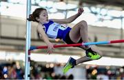 19 March 2022; Niamh Mc Glinchey of Finn Valley AC, Donegal, competing in the women's U13 High Jump during day one of the Irish Life Health National Juvenile Indoors at Athlone Institute of Technology in Athlone, Westmeath. Photo by Ben McShane/Sportsfile