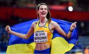 19 March 2022; Yaroslava Mahuchikh of Ukraine celebrates winning gold in the women's high jump final during day two of the World Indoor Athletics Championships at the Stark Arena in Belgrade, Serbia. Photo by Sam Barnes/Sportsfile