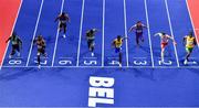 19 March 2022; Ferdinand Omanyala of Kenya, second from left, wins his heat of the men's 60m from Mario Burke of Bahamas, Nigel Ellis of Jamaica and Israel Olatunde of Ireland during day two of the World Indoor Athletics Championships at the Štark Arena in Belgrade, Serbia. Photo by Sam Barnes/Sportsfile
