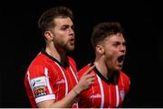 18 March 2022; Will Patching of Derry City celebrates after scoring his side's first goal with team-mate Cameron McJannet, right, during the SSE Airtricity League Premier Division match between Derry City and St Patrick's Athletic at The Ryan McBride Brandywell Stadium in Derry. Photo by Stephen McCarthy/Sportsfile