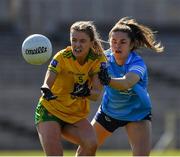 19 March 2022; Niamh Carr of Donegal in action against Kate Sullivan of Dublin during the Lidl Ladies Football National League Division 1 Semi-Final match between Dublin and Donegal at St Tiernach's Park in Clones, Monaghan. Photo by Ray McManus/Sportsfile