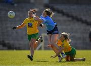 19 March 2022; Jennifer Dunne of Dublin in action against Niamh McLaughlin and Nicole McLaughlin of Donegal, left, during the Lidl Ladies Football National League Division 1 Semi-Final match between Dublin and Donegal at St Tiernach's Park in Clones, Monaghan. Photo by Ray McManus/Sportsfile
