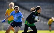 19 March 2022; Donegal goalkeeper Róisín McCafferty in action against Hannah Tyrrell of Dublin during the Lidl Ladies Football National League Division 1 Semi-Final match between Dublin and Donegal at St Tiernach's Park in Clones, Monaghan. Photo by Ray McManus/Sportsfile