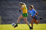 19 March 2022; Yvonne Bonnar of Donegal kicks the ball into an empty Dublin net to score her side's second goal during the Lidl Ladies Football National League Division 1 Semi-Final match between Dublin and Donegal at St Tiernach's Park in Clones, Monaghan. Photo by Ray McManus/Sportsfile