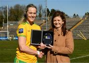 19 March 2022; Yvonne Bonnar of Donegal is presented with the Player of the Match award by Sharon Lynch, Lidl Ireland Sales Operation Manager for Cavan/Monaghan, following the 2022 Lidl Ladies National Football League Division 1 semi-final fixture between Donegal and Dublin, at St Tiernach’s Park, Clones in Monaghan. Photo by Ray McManus/Sportsfile