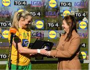 19 March 2022; Yvonne Bonnar of Donegal is presented with the Player of the Match award by Sharon Lynch, Lidl Ireland Sales Operation Manager for Cavan/Monaghan, following the 2022 Lidl Ladies National Football League Division 1 semi-final fixture between Donegal and Dublin, at St Tiernach’s Park, Clones in Monaghan. Photo by Ray McManus/Sportsfile