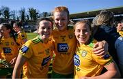 19 March 2022; Geraldine McLaughlin, Evelyn McGinley and Niamh McLaughlin of Donegal celebrate after the Lidl Ladies Football National League Division 1 Semi-Final match between Dublin and Donegal at St Tiernach's Park in Clones, Monaghan. Photo by Ray McManus/Sportsfile