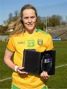 19 March 2022; Yvonne Bonnar of Donegal who was presented with the Player of the Match award following the 2022 Lidl Ladies National Football League Division 1 semi-final fixture between Donegal and Dublin, at St Tiernach’s Park, Clones in Monaghan.  Photo by Ray McManus/Sportsfile