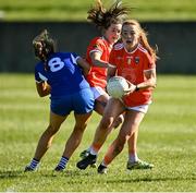19 March 2022; Niamh Marley of Armagh in action against Jane Moore of Laois during the Lidl Ladies Football National League Division 2 Semi-Final match between Armagh and Laois at O'Raghallaigh's GAA Club in Drogheda, Louth. Photo by Oliver McVeigh/Sportsfile