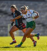 19 March 2022; Vikki Wall of Meath in action against Danielle Caldwell of Mayo during the Lidl Ladies Football National League Division 1 Semi-Final match between Mayo and Meath at St Tiernach's Park in Clones, Monaghan. Photo by Ray McManus/Sportsfile