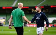 19 March 2022; Finn Russell of Scotland shakes hands with Ireland forwards coach Paul O'Connell before the Guinness Six Nations Rugby Championship match between Ireland and Scotland at the Aviva Stadium in Dublin. Photo by Harry Murphy/Sportsfile