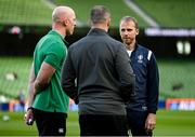 19 March 2022; Referee Wayne Barnes speaks with Ireland forwards coach Paul O'Connell and Ireland head coach Andy Farrell during the Guinness Six Nations Rugby Championship match between Ireland and Scotland at the Aviva Stadium in Dublin. Photo by Harry Murphy/Sportsfile