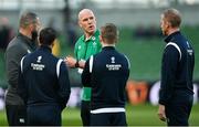 19 March 2022; Referee Wayne Barnes in conversation with Ireland head coach Andy Farrell, left, and Ireland forwards coach Paul O'Connell, centre, before the Guinness Six Nations Rugby Championship match between Ireland and Scotland at Aviva Stadium in Dublin. Photo by Ramsey Cardy/Sportsfile