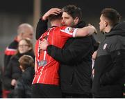 18 March 2022; Derry City manager Ruaidhrí Higgins and Cameron McJannet after during the SSE Airtricity League Premier Division match between Derry City and St Patrick's Athletic at The Ryan McBride Brandywell Stadium in Derry. Photo by Stephen McCarthy/Sportsfile