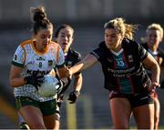 19 March 2022; Máire O'Shaughnessy of Meath in action against Maria Reilly of Mayo during the Lidl Ladies Football National League Division 1 Semi-Final match between Mayo and Meath at St Tiernach's Park in Clones, Monaghan. Photo by Ray McManus/Sportsfile
