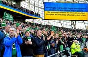 19 March 2022; Supporters show their support for the people of Ukraine before the Guinness Six Nations Rugby Championship match between Ireland and Scotland at Aviva Stadium in Dublin. Photo by Brendan Moran/Sportsfile