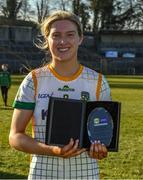 19 March 2022; Orlagh Lally of Meath who was presented with the Player of the Match award following the 2022 Lidl Ladies National Football League Division 1 semi-final fixture between Mayo and Meath, at St Tiernach’s Park, Clones. Co. Monaghan. Photo by Ray McManus/Sportsfile
