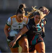 19 March 2022; Máire O'Shaughnessy of Meath in action against Maria Reilly of Mayo during the Lidl Ladies Football National League Division 1 Semi-Final match between Mayo and Meath at St Tiernach's Park in Clones, Monaghan. Photo by Ray McManus/Sportsfile