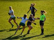 19 March 2022;  Referee Siobhan Coyle  steps back as she watches Eilis Ronayne of Mayo being tackled by Aoibhín Cleary  of Meath during the Lidl Ladies Football National League Division 1 Semi-Final match between Mayo and Meath at St Tiernach's Park in Clones, Monaghan. Photo by Ray McManus/Sportsfile