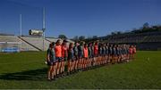 19 March 2022; The Mayo players stand during a minutes silence to honour the late Tom Madigan, who had been a member of the Old Mill and St. Senans clubs in Limerick before the Lidl Ladies Football National League Division 1 Semi-Final match between Mayo and Meath at St Tiernach's Park in Clones, Monaghan. Photo by Ray McManus/Sportsfile