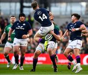 19 March 2022; Darcy Graham, 14, and Jonny Gray of Scotland attempt to catch a high ball during the Guinness Six Nations Rugby Championship match between Ireland and Scotland at the Aviva Stadium in Dublin. Photo by Harry Murphy/Sportsfile